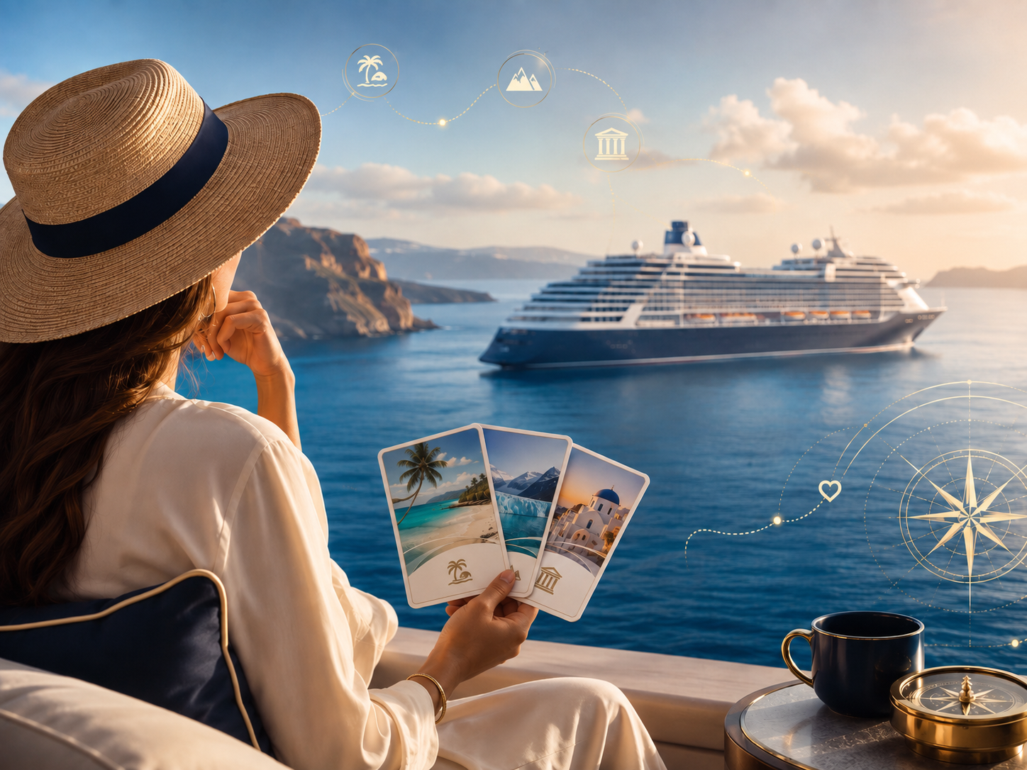 Traveler comparing cruise destination ideas while looking toward a cruise ship