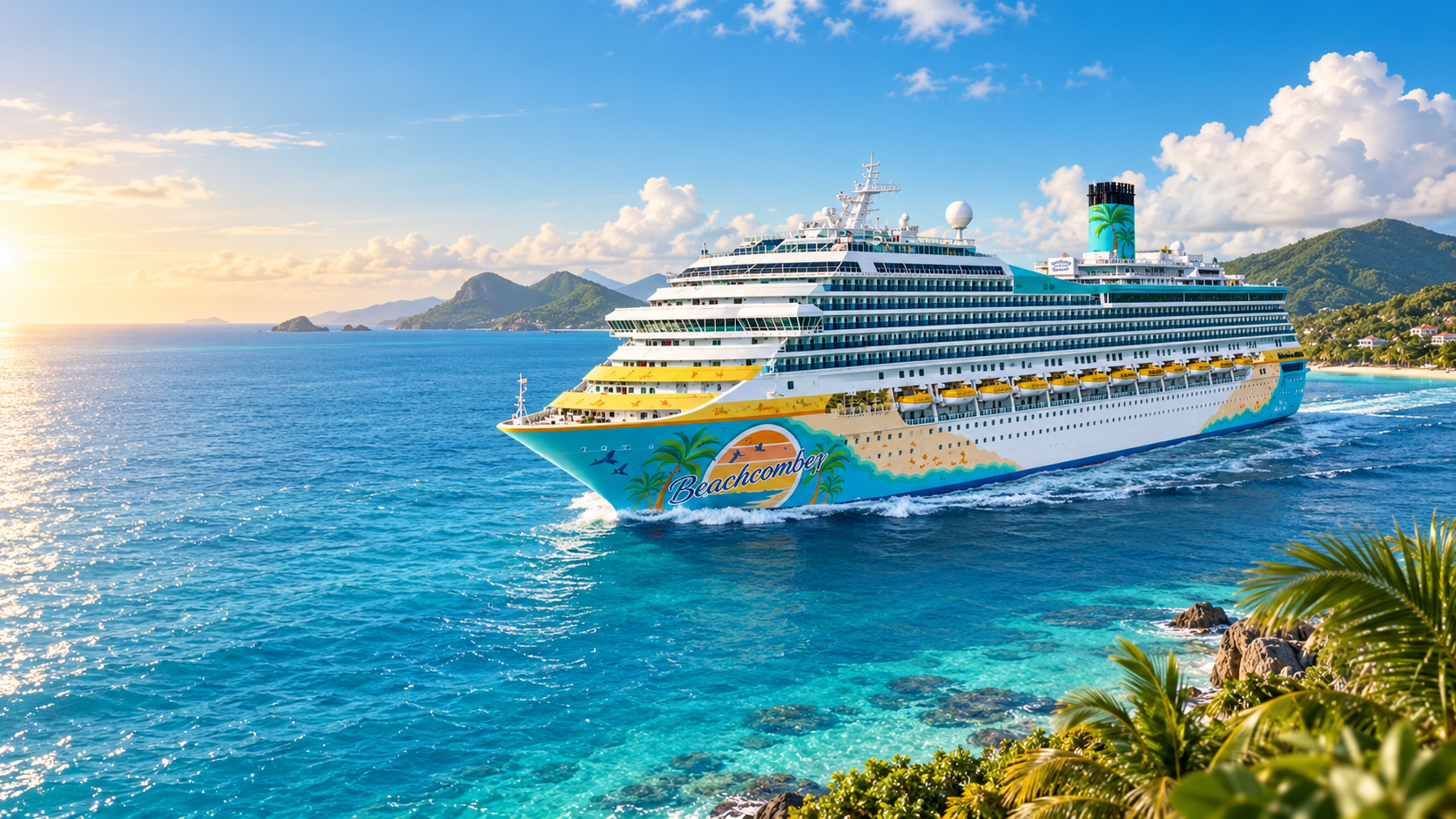 Scenic travel collage featuring Alaska-inspired mountains, ocean cruising, tropical water, and safari adventure elements